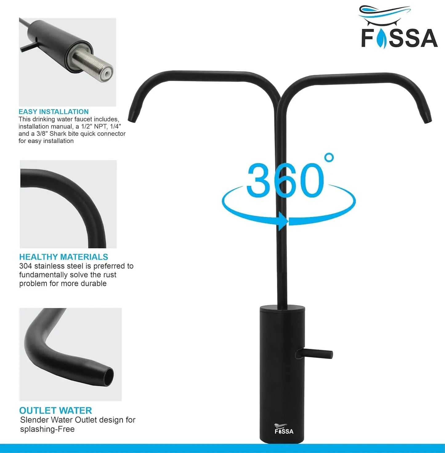 Fossa Opera L Bend RO Tap Kitchen Water Filter Faucet, 100% Lead-Free Drinking Water Faucet Stainless Steel Brushed Nickel Finish (Black)-3